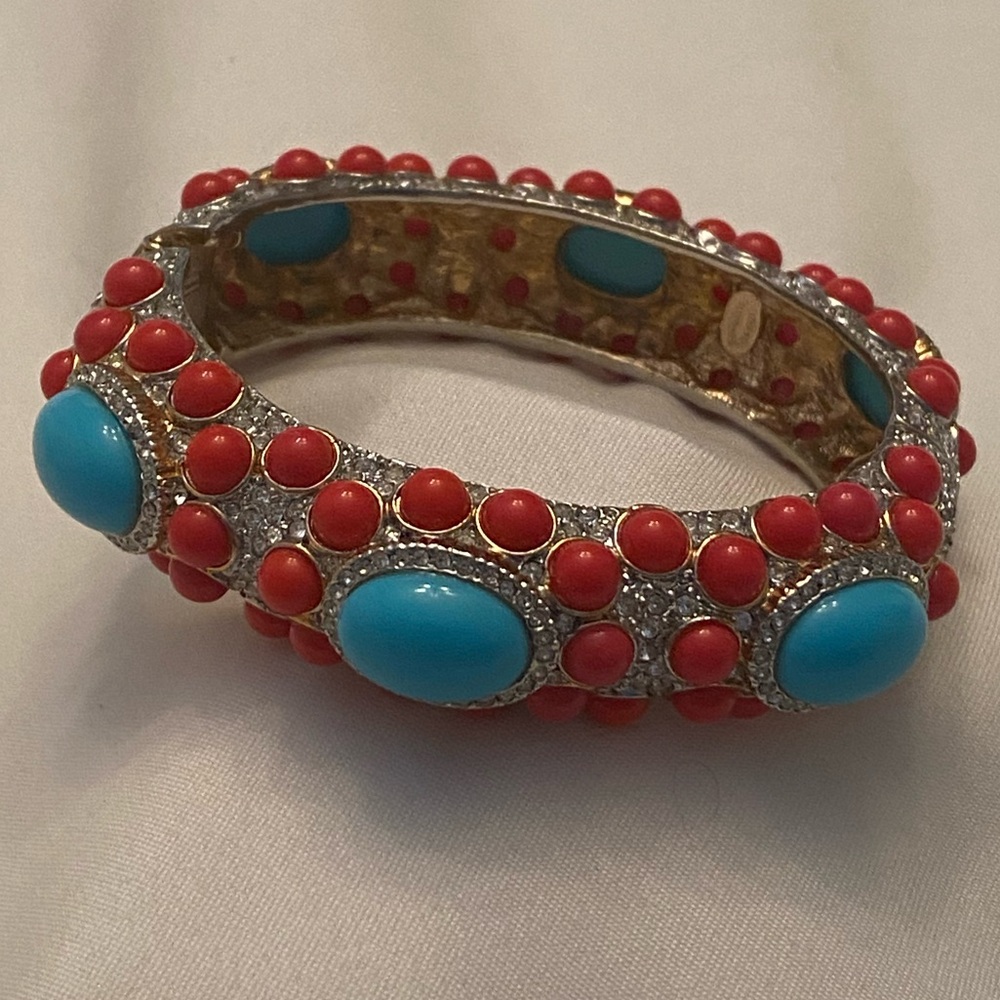 Kenneth Jay Lane Gold Plated Coral and Turquoise Cabochons Bangle Bracelet 6.5"